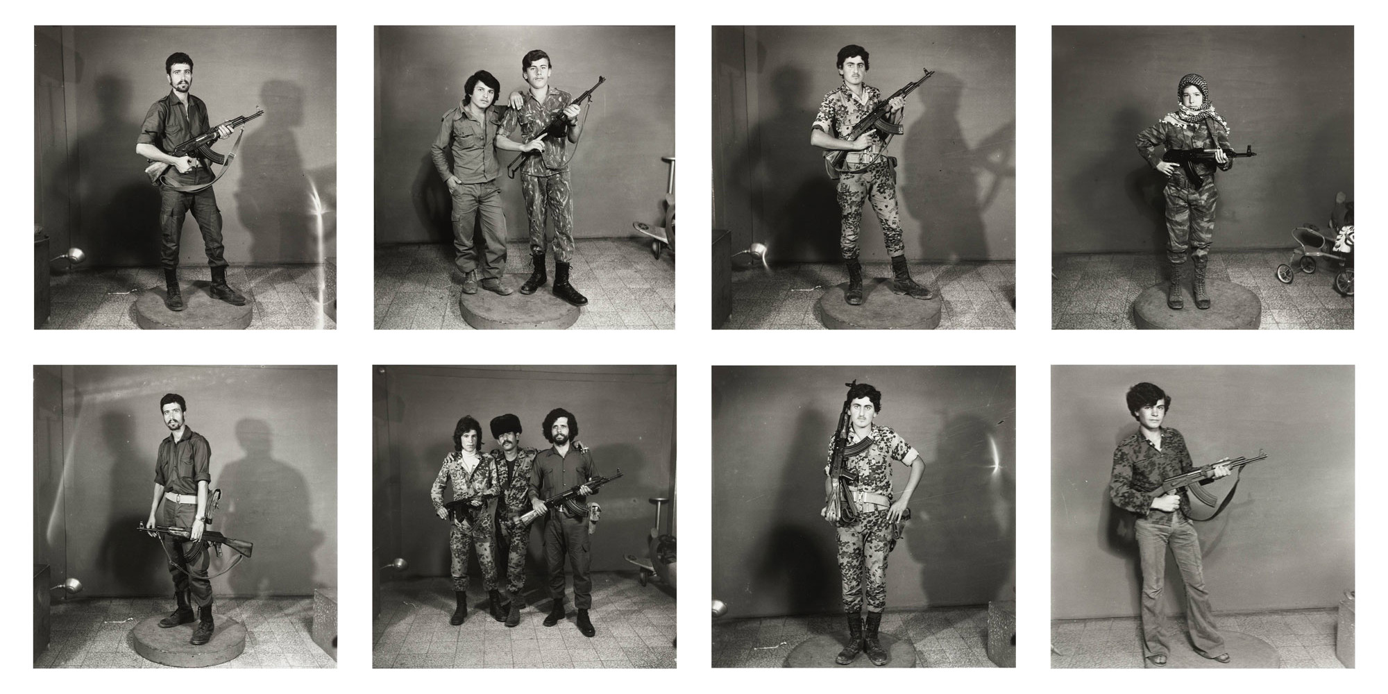 Akram Zaatari. After They Got the Right to Arms. Fourteen young men posing with guns*. Early 1970s/2006. Gelatin silver prints, each 11 5/16 × 11 5/16&#34; (28.8 × 28.8 cm). Fund for the Twenty-First Century. © 2020 Akram Zaatari