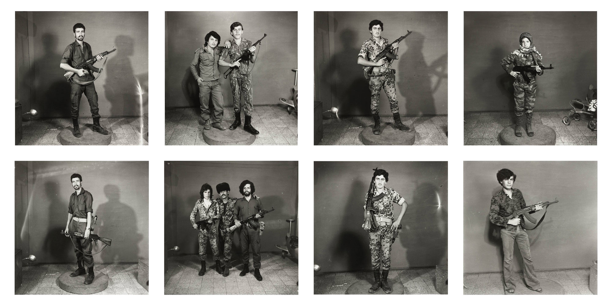 Akram Zaatari. After They Got the Right to Arms. Fourteen young men posing with guns*. Early 1970s/2006. Gelatin silver prints, each 11 5/16 × 11 5/16" (28.8 × 28.8 cm). Fund for the Twenty-First Century. © 2020 Akram Zaatari