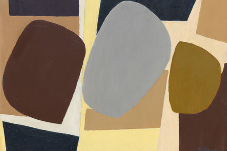 Saloua Raouda Choucair. Composition with Pebbles. 1959. Oil on panel, 13 1/2 × 17 1/4&#34; (34.3 × 43.8 cm). The Riklis Collection of McCrory Corporation (by exchange)