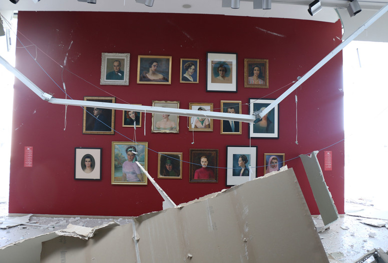 Damage to the “For a Humanist Art” section of Ten Stories from the Sursock Museum Collection, August 5, 2020. Photo: Rowina BouHarb. Courtesy Sursock Museum