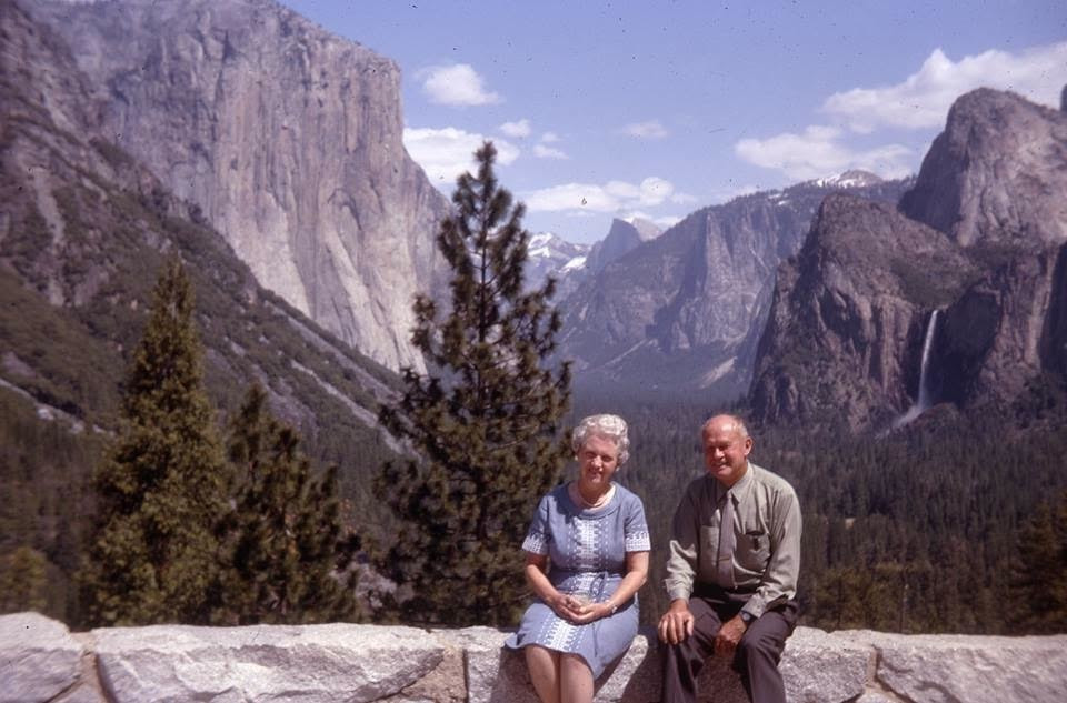 The author’s grandparents on their annual visit to Yosemite’s waterfalls
