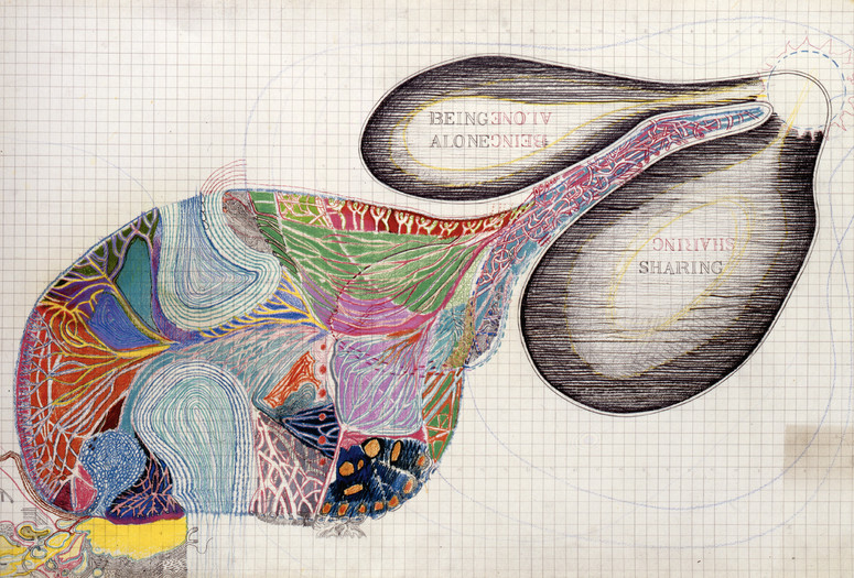 Juan Downey. Being alone, sharing. 1975. From the series Mi casa en la playa. Graphite and colored pencil on paper, 33 1/4 x 46 3/8. Courtesy of the Estate Juan Downey