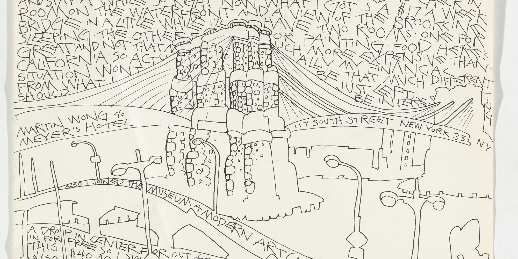 Martin Wong. First letter home from New York (also I joined The Museum of Modern Art). 1978. Felt-tip pen on paper, 13 3/4 × 17". Gift of the artist’s estate. Courtesy of the Estate of Martin Wong and P.P.O.W Gallery, New York, NY