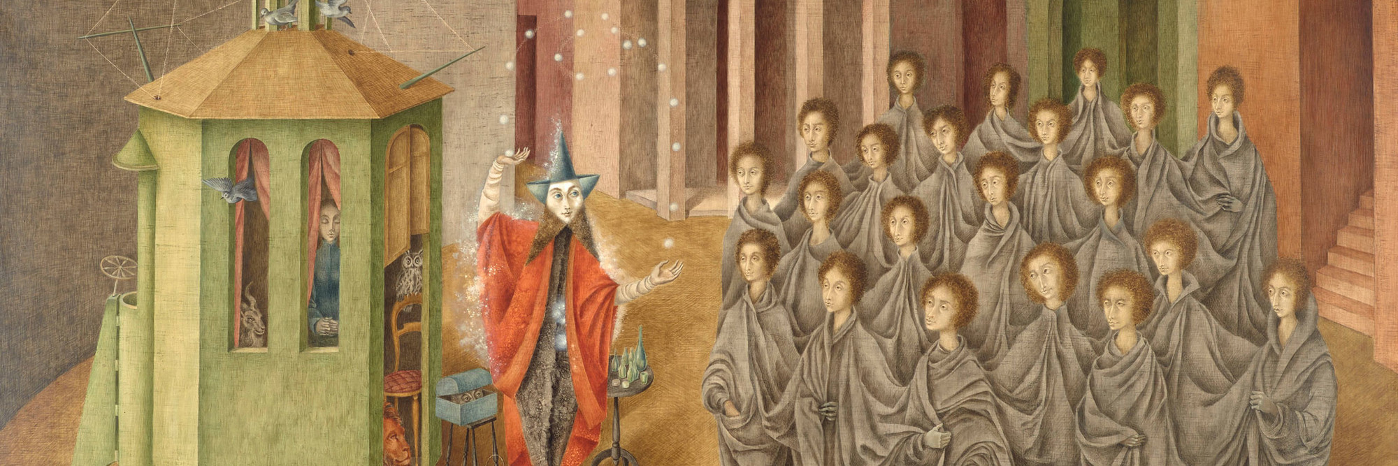 Remedios Varo. The Juggler (The Magician). 1956. Oil and inlaid mother of pearl on board, 35 13/16 × 48 1/16&#34; (91 × 122 cm). Gift of Joan H. Tisch (by exchange)