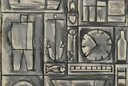 Joaquín Torres-García. Composition. 1931. Oil on canvas, 36 1/8 x 24&#34; (91.7 x 61 cm), Gift of Larry Aldrich. Photo: Thomas Griesel