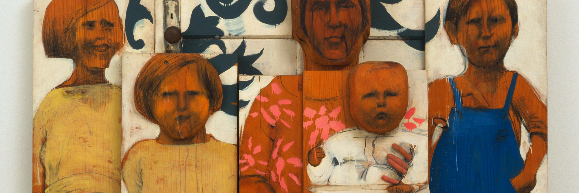 Marisol (Marisol Escobar). The Family. 1962. Paint and graphite on wood, sneakers, tinted plaster, door knob and plate, three sections, Overall 6&#39; 10 5/8&#34; x 65 1/2&#34; x 15 1/2&#34; (209.8 x 166.3 x 39.3 cm). Advisory Committee Fund. © 2020 Marisol