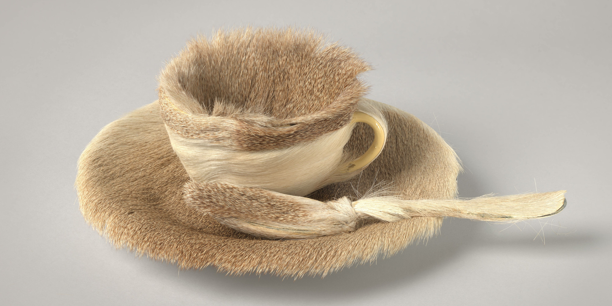 Meret Oppenheim. Object. 1936. Fur-covered cup, saucer, and spoon; cup 4 3/8" (10.9 cm) in diameter; saucer 9 3/8" (23.7 cm) in diameter; spoon 8" (20.2 cm) long, overall height 2 7/8" (7.3 cm). Purchase. © 2020 Artists Rights Society (ARS), New York/Pro Litteris, Zurich