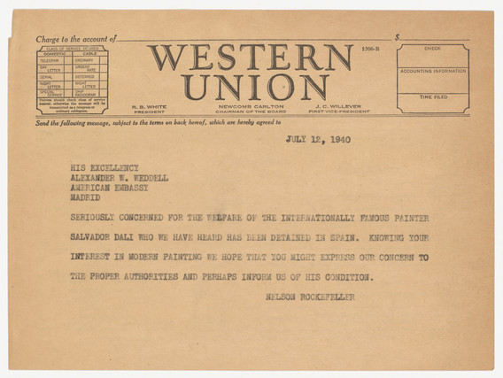 Telegram from Nelson Rockefeller to Alexander W. Weddell, the American ambassador in Spain, regarding Salvador Dalí’s alleged arrest, July 12, 1940