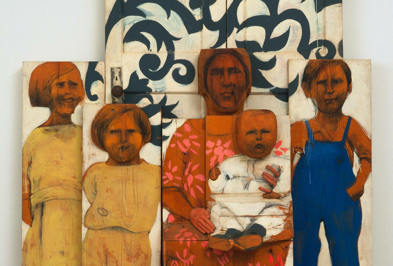 Marisol (Marisol Escobar). The Family. 1962. Painted wood, sneakers, door knob and plate, three sections, Overall 6′ 10 5/8″ x 65 1/2″ x 15 1/2″ (209.8 x 166.3 x 39.3 cm). The Museum of Modern Art, New York. Advisory Committee Fund