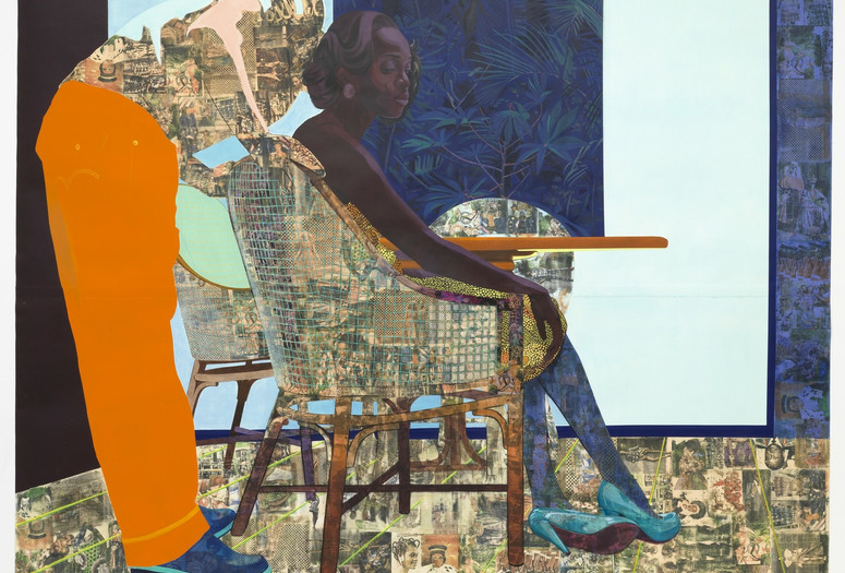 Njideka Akunyili Crosby. And We Begin to Let Go. 2013. Acrylic, pastel, charcoal, collage, Xeroxtransfers, and marble dust on paper. Promised gift of Jerry I. Speyer and Katherine Farley