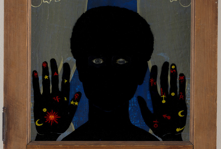 Betye Saar. Black Girl’s Window (detail). 1969. Wooden window frame with paint, cut-and-pasted printed and painted papers, daguerreotype, lenticular print, and plastic figurine, 35 3/4 × 18 × 1 1/2" (90.8 × 45.7 × 3.8 cm). Gift of Candace King Weir through The Modern Women’s Fund, and Committee on Painting and Sculpture Funds