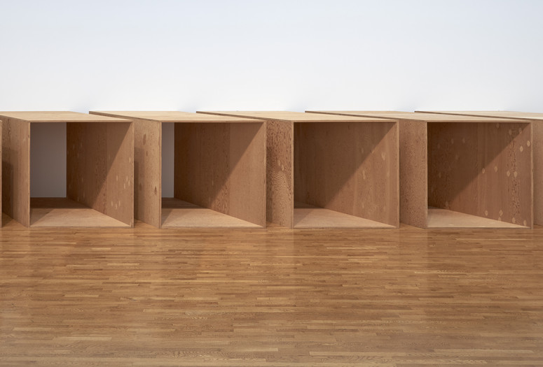 Donald Judd. Untitled. 1973. Plywood; five units, each 72 × 143 × 72″ (182.9 × 363.2 × 182.9 cm), with 12″ (30.5 cm) intervals. Overall: 72 × 479 × 72” (182.9 × 1216.7 × 182.9 cm). An additional sixth unit fabricated in 1975. National Gallery of Canada, Ottawa © 2020 Judd Foundation / Artists Rights Society (ARS), New York