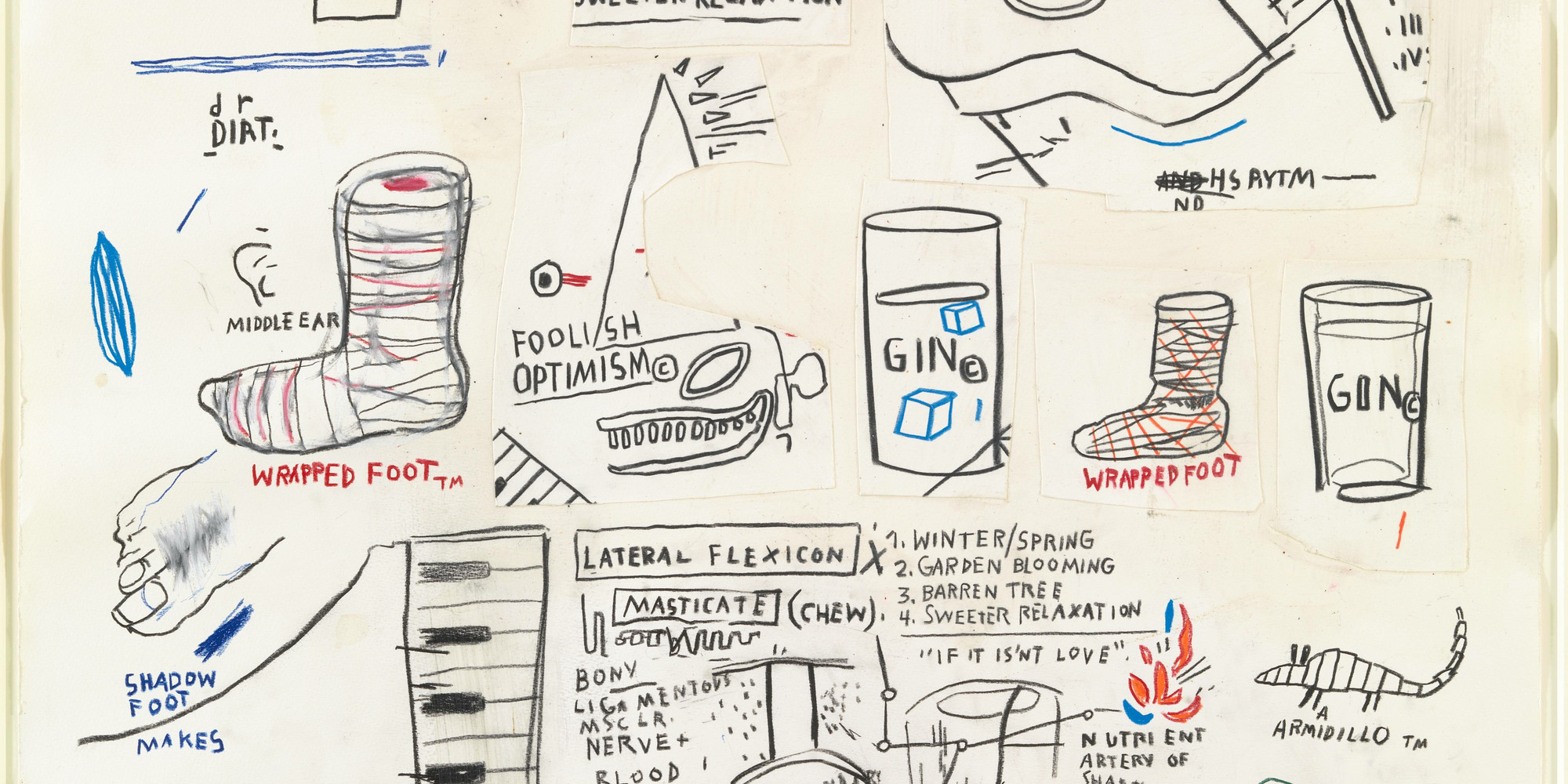 Jean Michel Basquiat. Untitled. 1985. Cut-and-pasted paper and oilstick on paper, 41 1/2 × 29 1/2" (105.4 × 75 cm). Acquired in memory of Kevin W. Robbins through funds provided by his family and friends and by the Committee on Drawings. © 2021 Estate of Jean-Michel Basquiat. Licensed by Artestar, New York