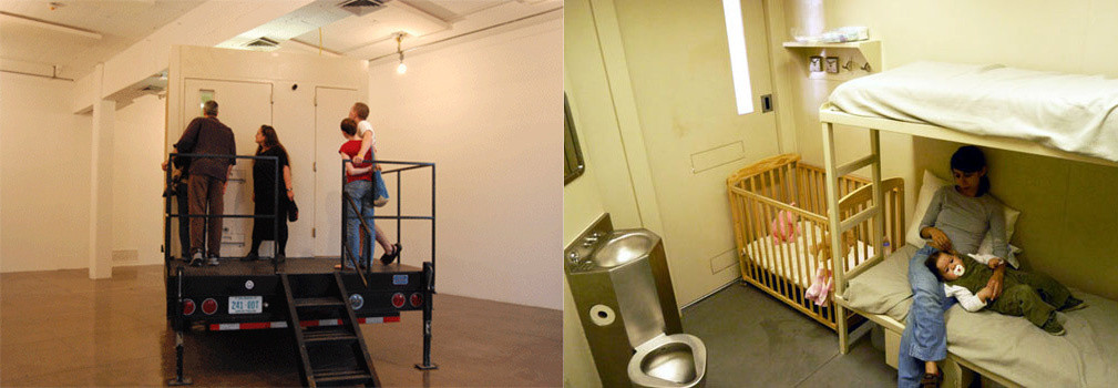 From left: Installation view of Regina José Galindo’s America’s Family Prison at ArtPace, San Antonio, Texas, 2008; A video still from America’s Family Prison