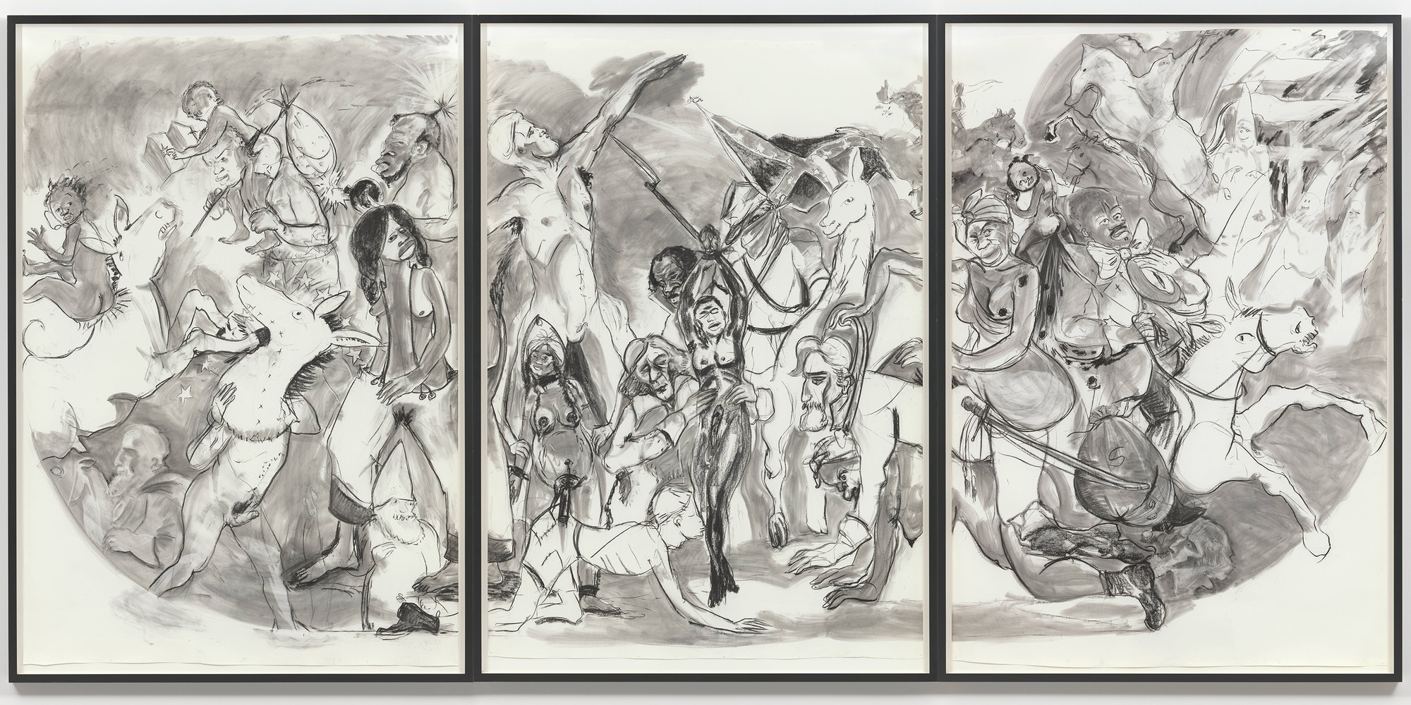 Kara Walker. 40 Acres of Mules. 2015. Charcoal on three sheets of paper, (.a): 104 × 72" (264.2 × 182.9 cm); (.b): 103 × 72" (261.6 × 182.9 cm); (.c): 105 × 72" (266.7 × 182.9 cm). Acquired through the generosity of Candace King Weir, Agnes Gund, and Jerry I. Speyer and Katherine Farley. © 2021 Kara Walker