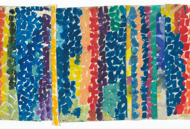 Alma Woodsey Thomas. Untitled. 1968. Acrylic and pressure-sensitive tape on cut-and-stapled paper, 19 1/8 x 51 1/2" (48.6 x 130.8 cm). Gift of Donald B. Marron. Photo: Jonathan Muzikar