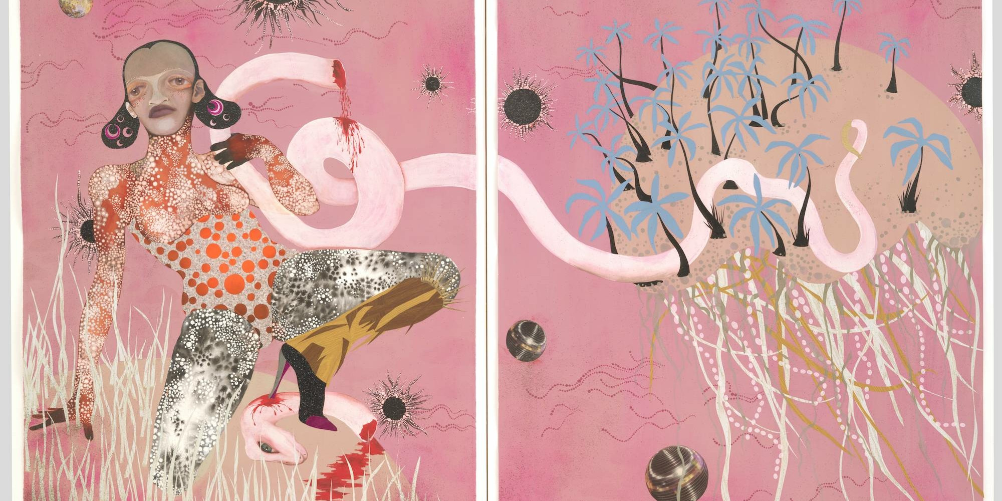 Wangechi Mutu. Yo Mama. 2003. Ink, mica flakes, acrylic, pressure-sensitive film, cut-and-pasted printed paper, and painted paper on paper, overall: 59 1/8 x 85" (150.2 x 215.9 cm). The Judith Rothschild Foundation Contemporary Drawings Collection Gift. © 2021 Wangechi Mutu