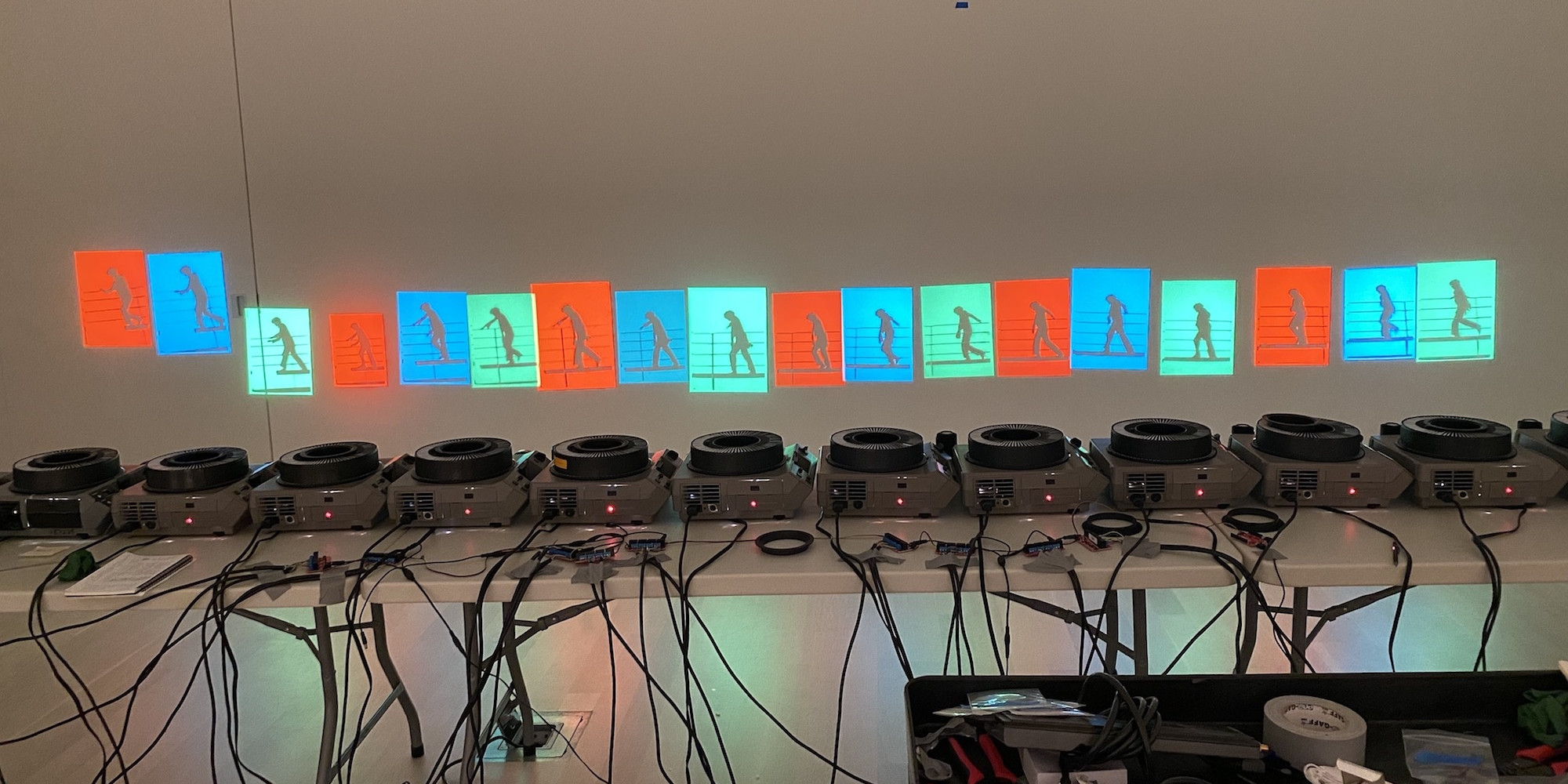Initial testing and sequencing set-up of Cinematic Illumination, February, 2020. Shown: Shuzo Azuchi Gulliver. Cinematic Illumination. 1968–69. 1,350 black-and-white slides, 108 color gels, disco ball, and sound, 114:45 min., looped. The Museum of Modern Art, New York. Acquired through the generosity of Marie-Josée and Henry Kravis