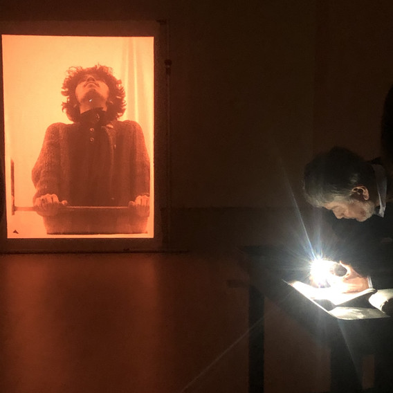 Gulliver reviewing screen materials, November 2019