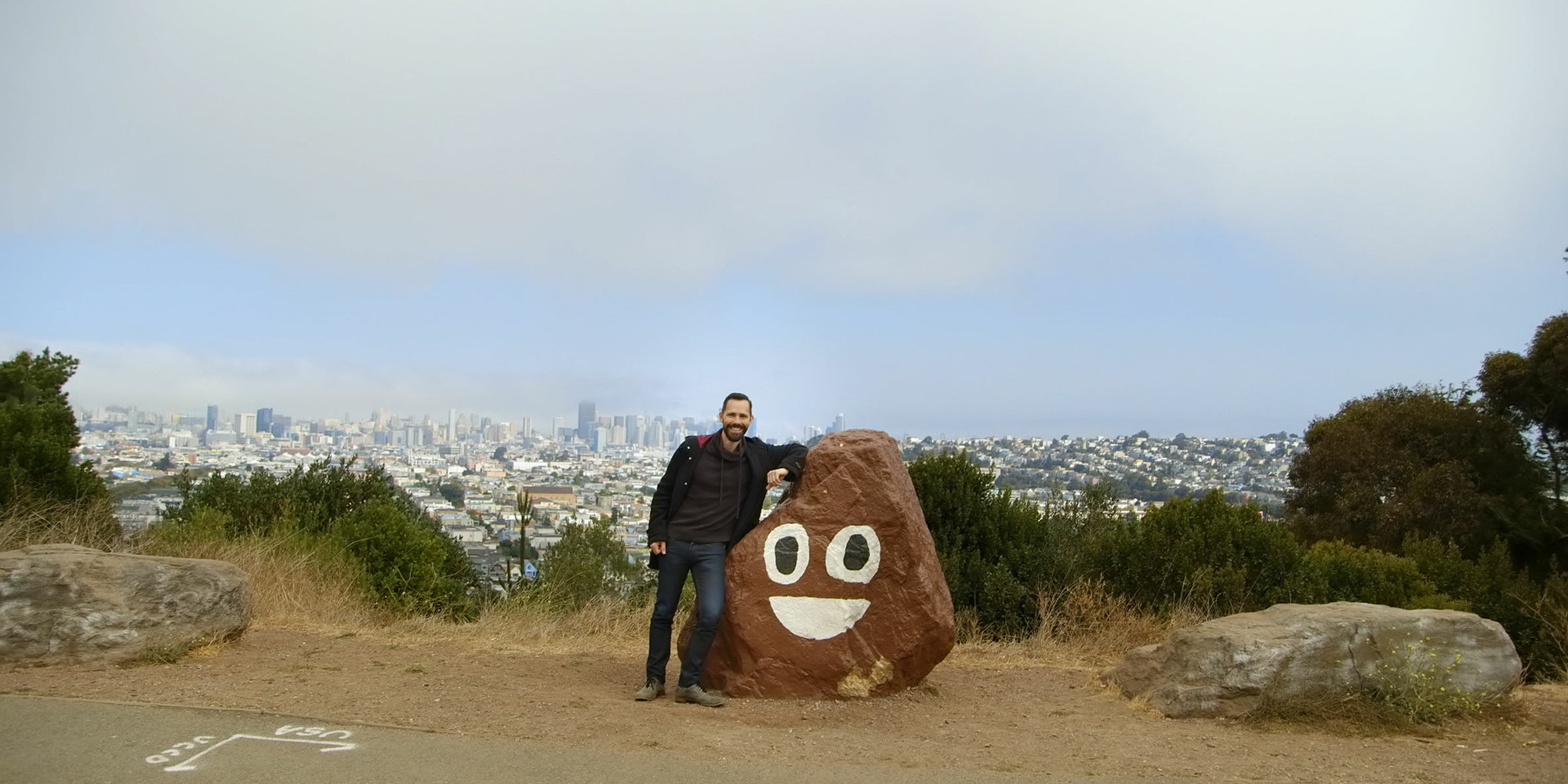 Linguist Tyler Schnoebelen with San Francisco’s beloved poop rock in The Emoji Story. 2019. USA. Directed by Martha Shane, Ian Cheney. Photo: Taylor Gentry. Courtesy the filmmakers
