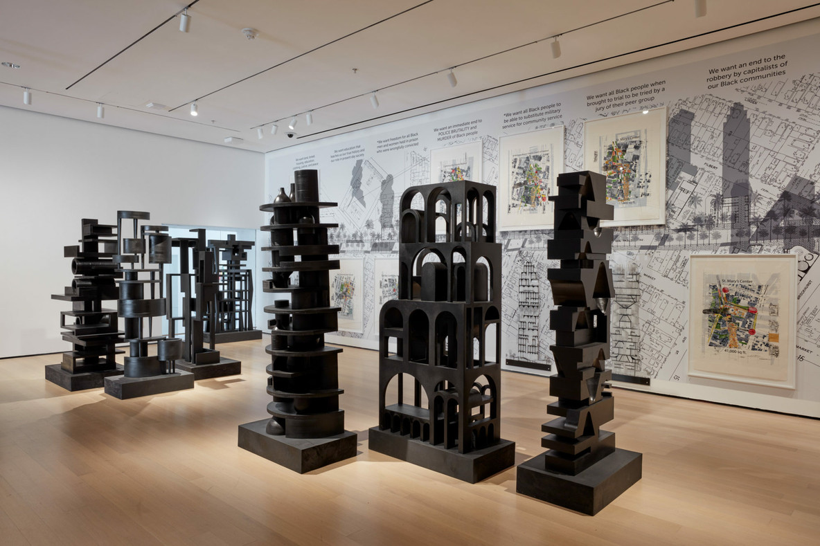 Installation view of Walter J. Hood’s work in Reconstructions: Architecture and Blackness in America