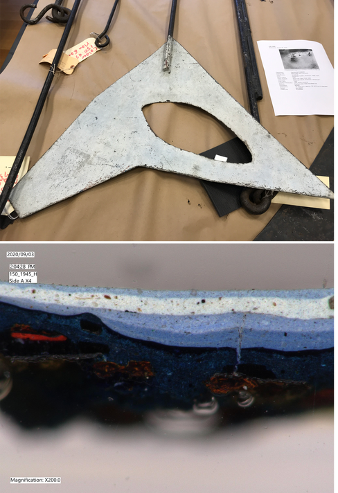 From top: Rods and shapes from Man-Eater with Pennants prior to reassembly; A cross-section of a paint-layer sample taken from the sculpture. Photos: Megan Randall