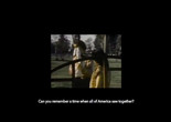 Anaïs Duplan. Still from Paradigms for Liberation I-III. 2019 Image description: Black background with a small image in the center and white text underneath. The image is of a child with outstretched arms, hanging from a set of monkey bars on a playground, with two adults standing behind. Underneath is text that reads, “Can you remember a time when all of America saw together?”