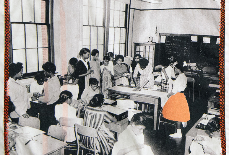 Felecia Davis, Fabricating Networks Quilt (detail: women in sewing class) 2020. Digital print on cotton broadcloth, copper ripstop nylon, stainless steel thread, cotton thread. Photograph: Charles Teenie Harris, 1961. © Carnegie Museum of Art, Charles “Teenie” Harris Archive.
