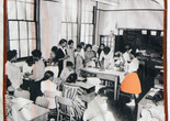 Felecia Davis, Fabricating Networks Quilt (detail: women in sewing class) 2020. Digital print on cotton broadcloth, copper ripstop nylon, stainless steel thread, cotton thread. Photograph: Charles Teenie Harris, 1961. © Carnegie Museum of Art, Charles “Teenie” Harris Archive.