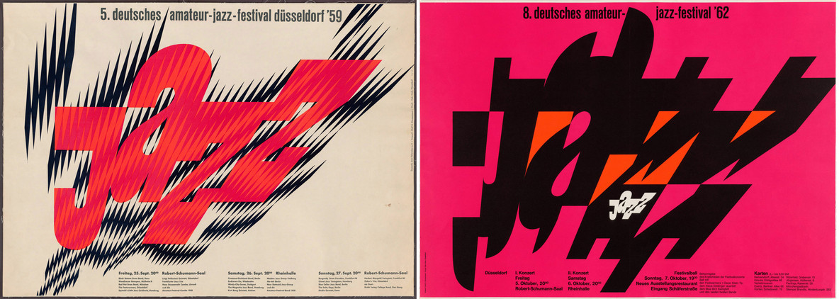 From left: Wolf Zimmerman. Jazz 5 (Poster for the 5th German Amateur Jazz Festival held in Dusseldorf, Germany). 1959; Jazz 8 (Poster for the 8th German Amateur Jazz Festival held in Dusseldorf, Germany). 1962