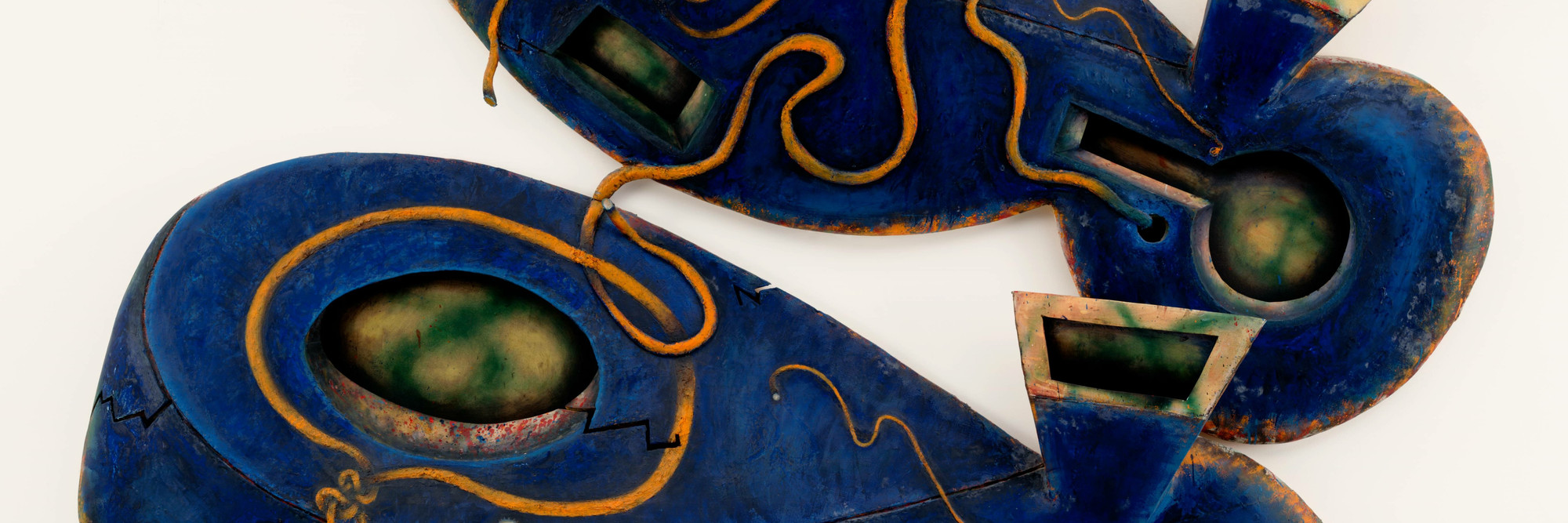 Elizabeth Murray. Dis Pair. 1990. Oil and plastic cap on canvas and wood, two parts, 10&#39; 2 1/2&#34; x 10&#39; 9 1/4&#34; x 13&#34; (331.3 x 328.3 x 33 cm). © 2018 Estate of Elizabeth Murray / Artists Rights Society (ARS), New York. Photo: John Wronn