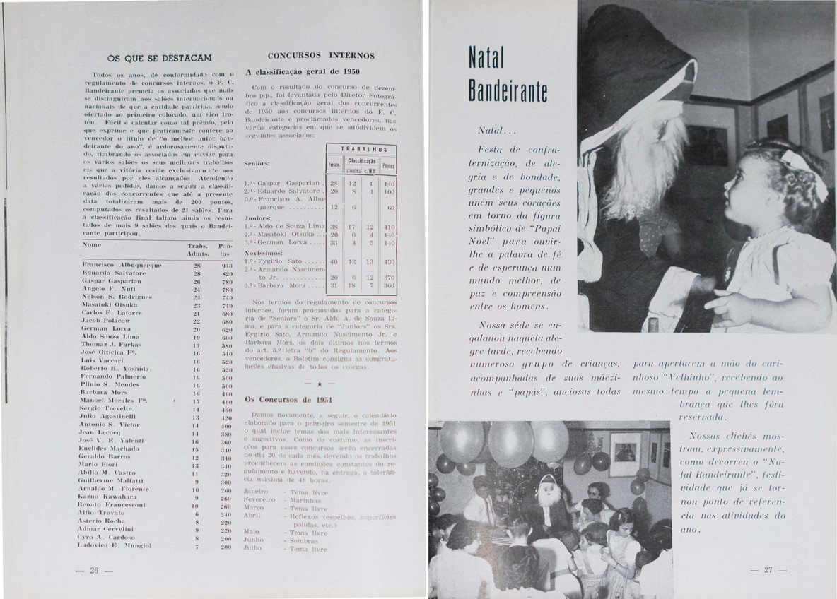 A spread from Boletim 57 (January 1951) featuring club rankings on the left, and snapshots from the Bandeirante Christmas (Natal Bandeirante) on the right