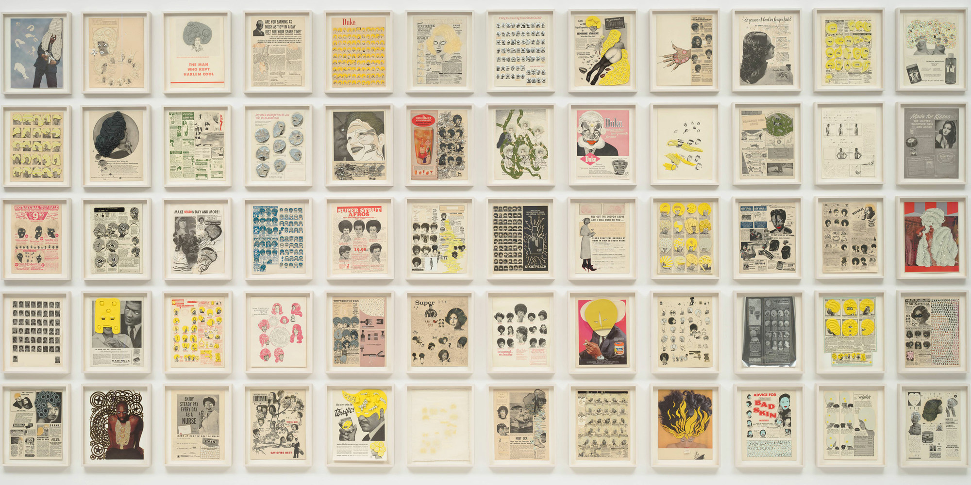 Ellen Gallagher. DeLuxe. 2004–05. Portfolio of 60 with photogravure, aquatint, screenprint, lithograph, etching, and drypoint; some with modeling clay, laser-cut, collage, oil, gouache, pomade, metallic foil, graphite, varnish, acrylic medium, toy eyeballs, chine collé, acrylic, tattoo engraving, embossing, velvet, glitter, crystals, gold leaf, toy ice cube, and plastic sheet additions, each: 13 × 10 1/2" (33 × 26.7 cm); overall: 84 x 167" (213.4 × 424.2 cm). Publisher: Two Palms Press, New York. Printer: Two Palms Press, New York. Edition: 20. Acquired through the generosity of The Friends of Education of The Museum of Modern Art and The Speyer Family Foundation, Inc. with additional support from the General Print Fund. © 2021 Ellen Gallagher and Two Palms Press