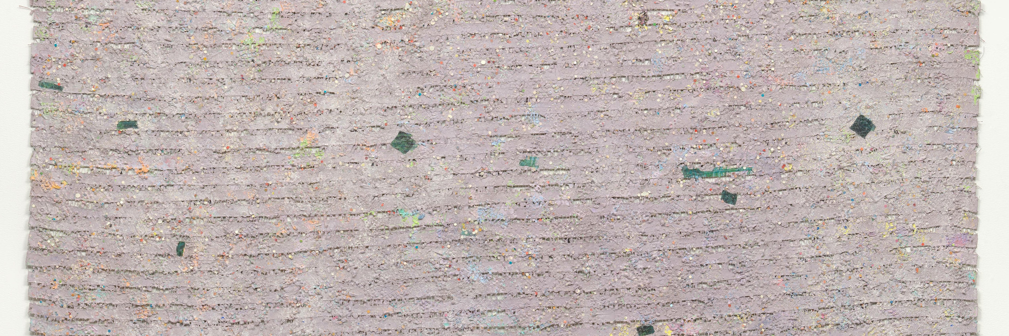 Howardena Pindell. Memory: Past. 1980–81. Acrylic, dye, paper, thread, tempera, photographic transfer, glitter, and powder on canvas, 126 × 84&#34; (320 × 213.4 cm). Committee on Painting and Sculpture Funds and gift of The Friends of Education of The Museum of Modern Art. © 2021 Howardena Pindell. Courtesy of the artist and Garth Greenan Gallery, New York