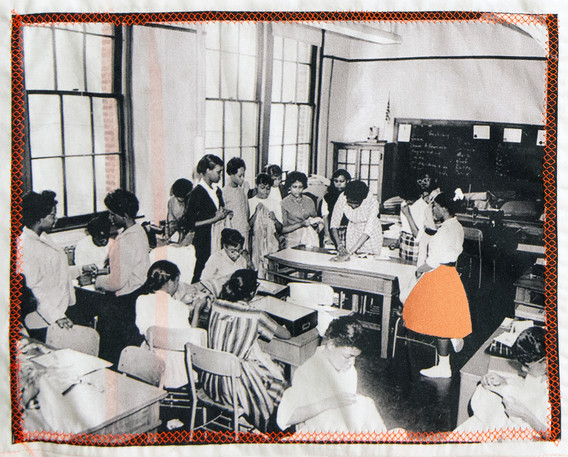 Felecia Davis. Fabricating Networks Quilt (detail: women in sewing class). 2020