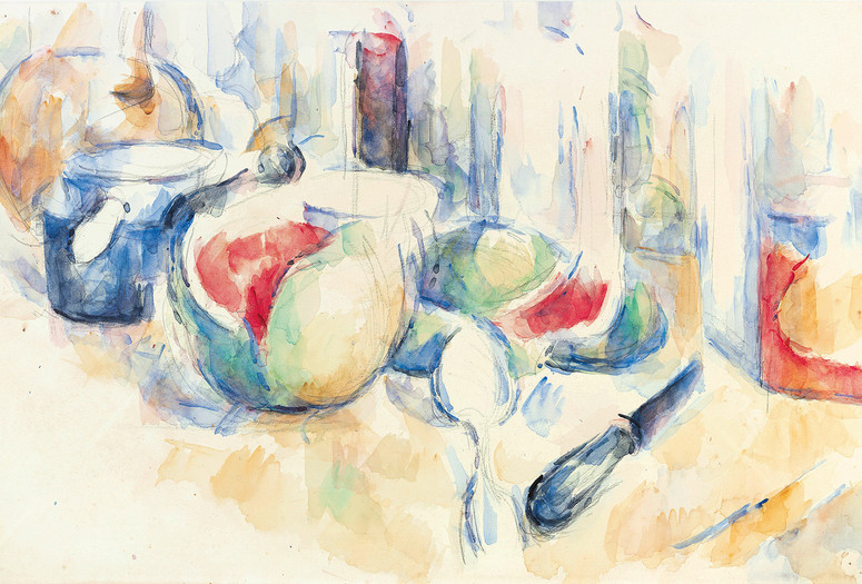 Paul Cézanne. Still Life with Cut Watermelon (Nature morte avec pastèque entamée). c. 1900. Pencil and watercolor on paper, 12 3/8 × 19 1/8″ (31.5 × 48.5 cm). Fondation Beyeler, Riehen/Basel. Beyeler Collection. Photo: Peter Schibli