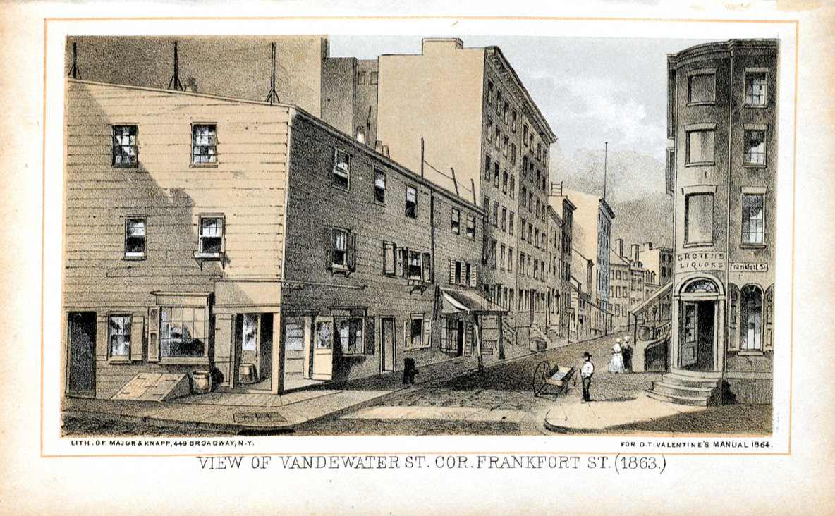 View of Vandewater Street, corner of Frankfort Street, 1863, by Major &amp; Knapp