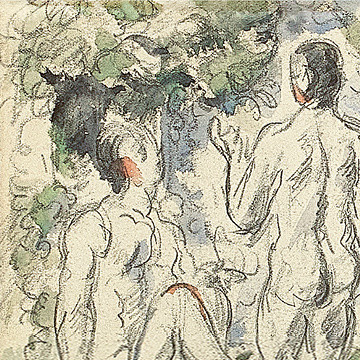 Detail of Cézanne’s Group of Male Bathers (c. 1880), showing looped and spiraling pencil marks