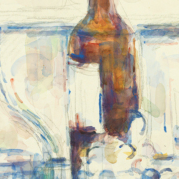 Detail of Cézanne’s Still Life with Carafe, Bottle, and Fruit (1906), showing blank paper representing the label on a wine bottle