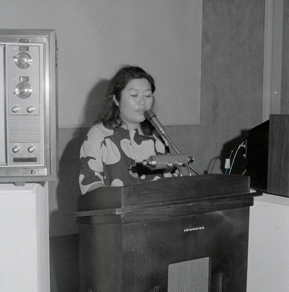 Fig. 8: Shigeko Kubota giving a lecture at the conference Open Circuits: An International Conference on the Future of Television on January 23, 1974.