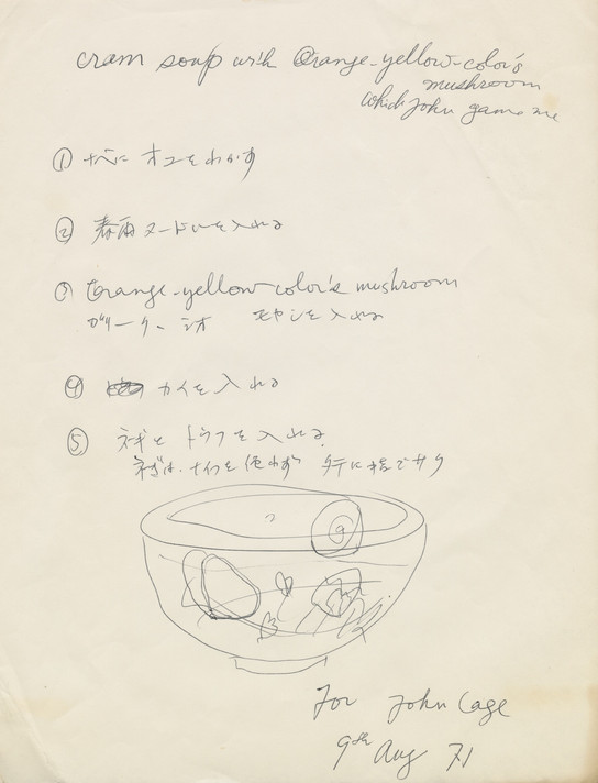 Fig. 15: Shigeko Kubota. Cream of mushroom soup recipe, for John Cage. 1971