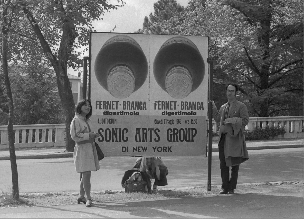 Fig. 5. From left: Kubota, Mary Lucier, and David Behrman in L’Aquila, Italy, 1969