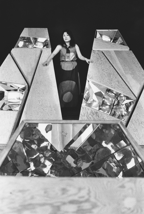 Fig. 16: Peter Moore. Photograph of Shigeko Kubota with Three Mountains, in Kubota’s loft on Mercer Street, New York, 1979. 1979