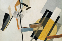 El Lissitzky. Proun 19D. 1921. Gesso, oil, collage of cut paper, cardboard, and silver paper on plywood, 38 3/8 x 38 1/4&#34; (97.5 x 97.2 cm). Katherine S. Dreier Bequest. © 2021 Artists Rights Society (ARS), New York / VG Bild-Kunst, Bonn