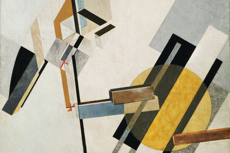El Lissitzky. Proun 19D. 1921. Gesso, oil, collage of cut paper, cardboard, and silver paper on plywood, 38 3/8 x 38 1/4&#34; (97.5 x 97.2 cm). Katherine S. Dreier Bequest. © 2021 Artists Rights Society (ARS), New York / VG Bild-Kunst, Bonn