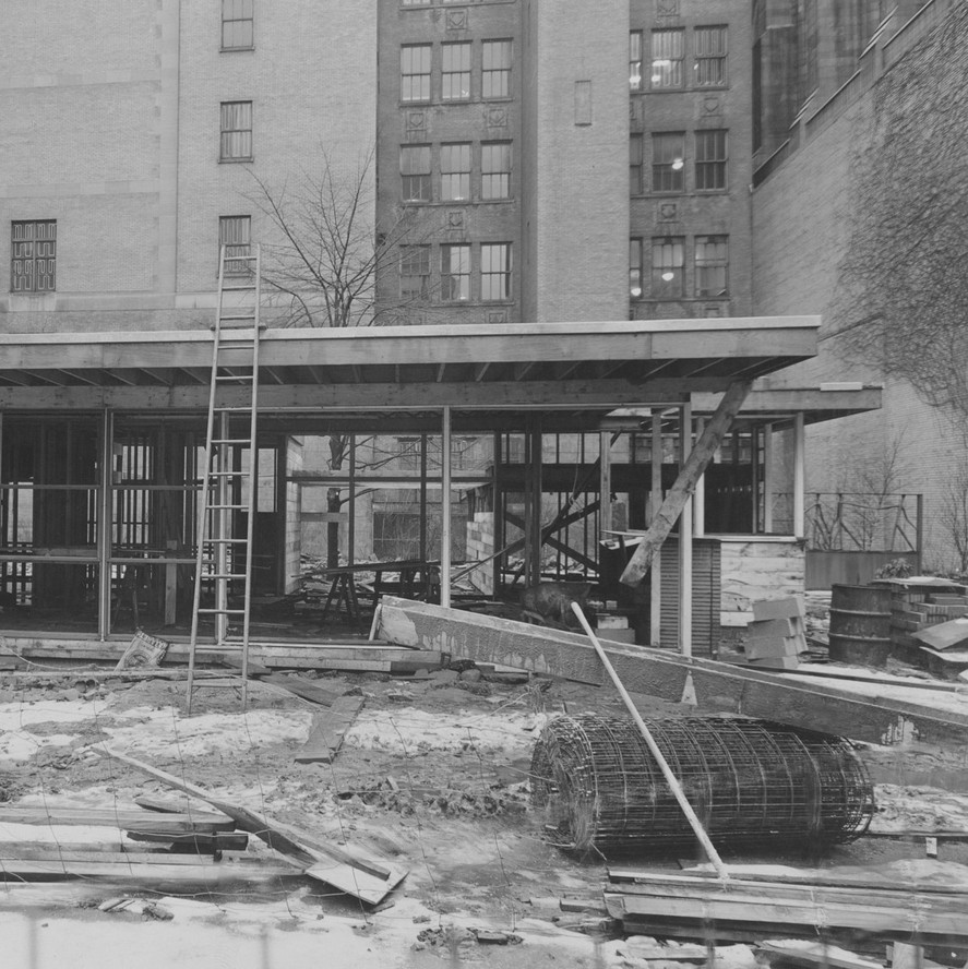 Under construction, installing the exhibition Exhibition House by Gregory Ain, May 17–October 29, 1950.