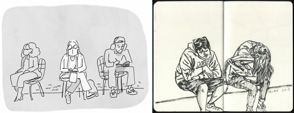 From left: Illustration from Sofia Warren’s “Feel This” for Drawn to MoMA; Illustration by Guno Park for Drawn to MoMA
