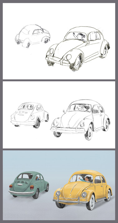 Preparatory sketch for Cars! Cars! Cars! by Kimi Weart