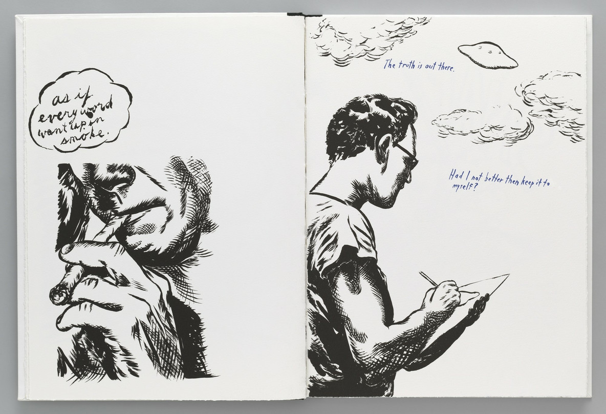 Artist Raymond Pettibon is known for works that blend comic book–style illustrations with words from his own mind and texts he has read. When asked whether drawings or words come first, the artist says, “[It] is not that clear cut.” Works like this page from the book Plots on Loan represent a canvas-first approach.