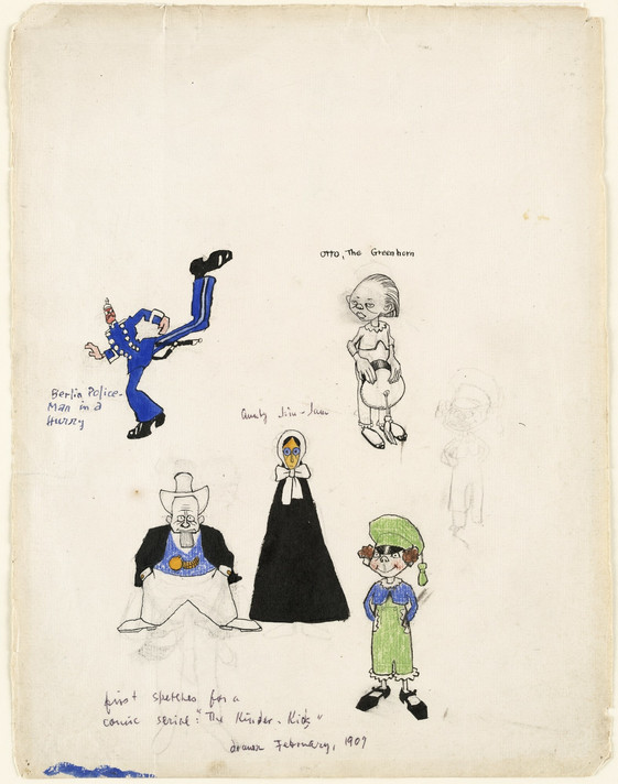 Before beginning a project, many artists create “studies” as a way to practice, test, and explore the visual or thematic elements of a work. This is a study for Lyonel Feininger’s comic The Kin-der-Kids.